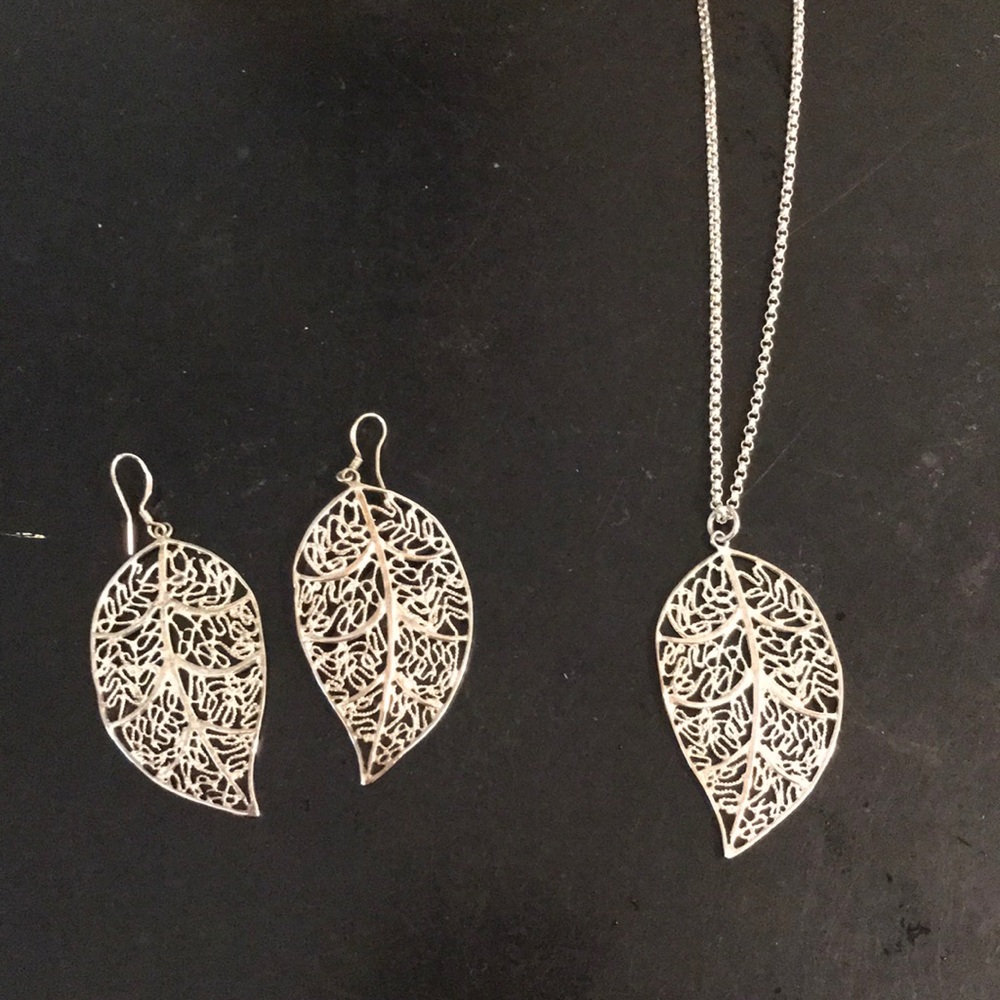 Sterling silver leaf earrings and necklace set